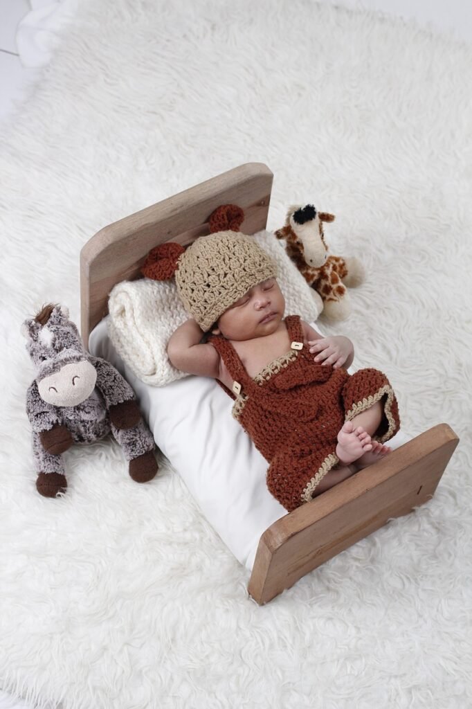 newborn, baby, costume, bed, sleeping, toy